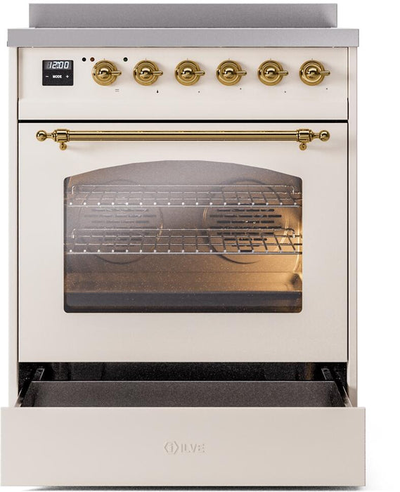 ILVE Nostalgie II 30" Electric Range, Antique White, Brass Trim UPI304NMPAWG