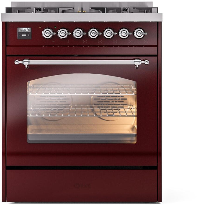 ILVE Nostalgie II 30" Dual Fuel Natural Gas Range, Burgundy, Chrome Trim  UP30NMPBUC