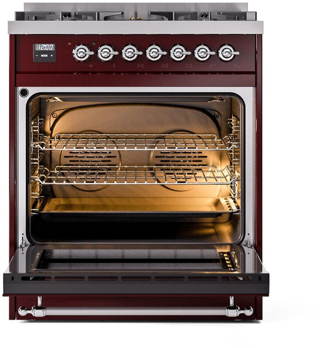 ILVE Nostalgie II 30" Dual Fuel Natural Gas Range, Burgundy, Chrome Trim  UP30NMPBUC