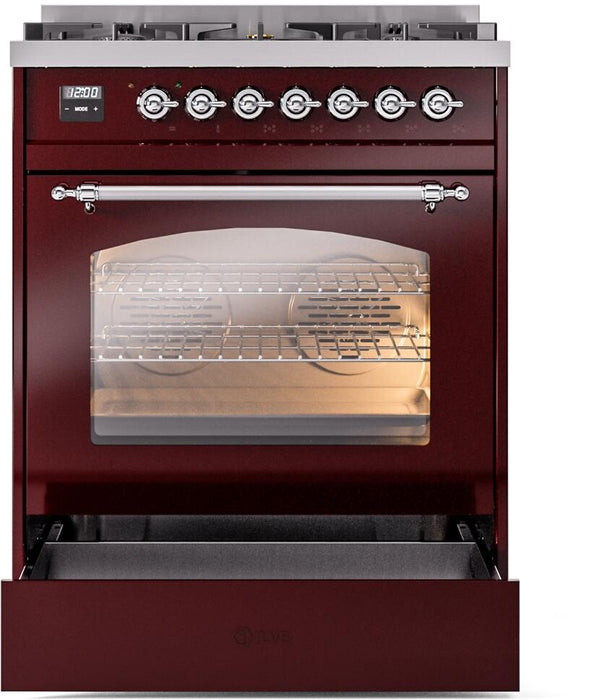 ILVE Nostalgie II 30" Dual Fuel Liquid Propane Range, Burgundy, Chrome Trim UP30NMPBUCLP