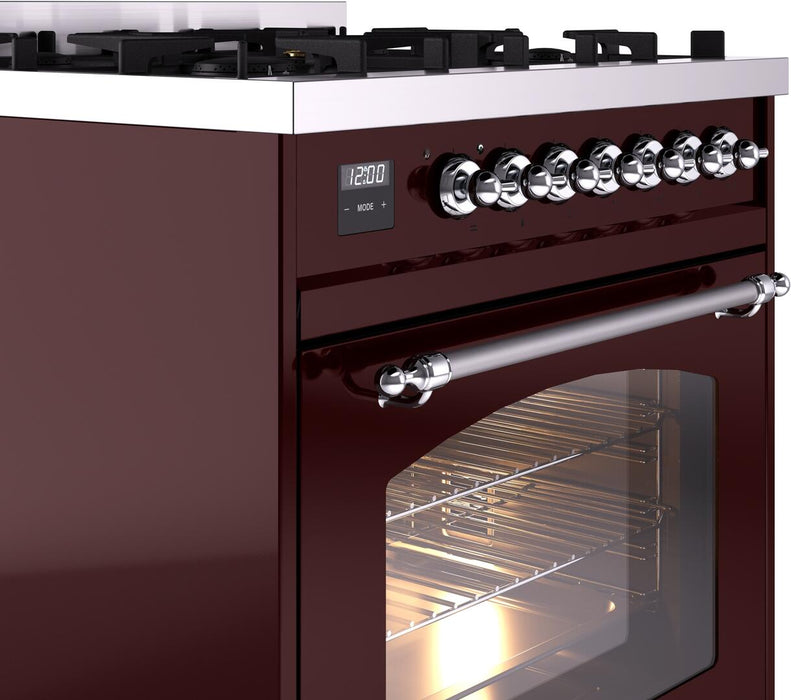 ILVE Nostalgie II 30" Dual Fuel Natural Gas Range, Burgundy, Chrome Trim  UP30NMPBUC