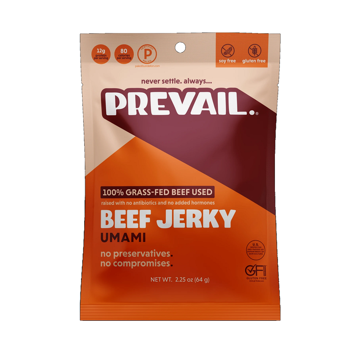 Prevail Umami Beef Jerky | 0.9°F | 2.25 Oz Singles | Case of 8