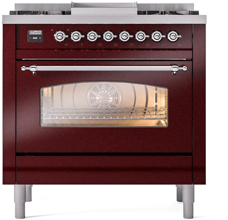 ILVE Nostalgie II 36" Dual Fuel Natural Gas Range, Burgundy, Chrome Trim UP36FNMPBUC
