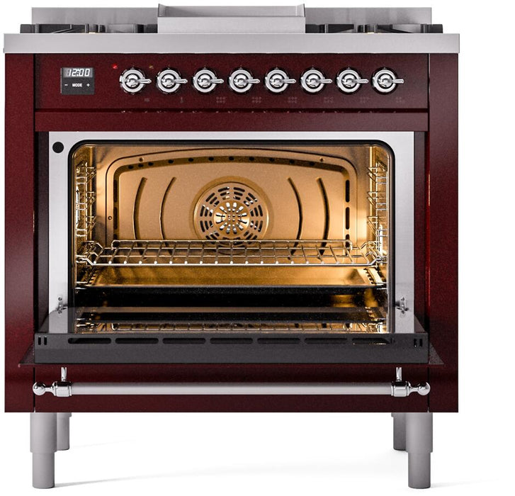 ILVE Nostalgie II 36" Dual Fuel Liquid Propane Range, Burgundy, Chrome Trim UP36FNMPBUCLP