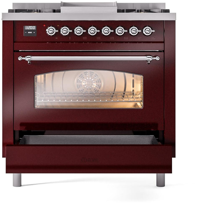 ILVE Nostalgie II 36" Dual Fuel Natural Gas Range, Burgundy, Chrome Trim UP36FNMPBUC