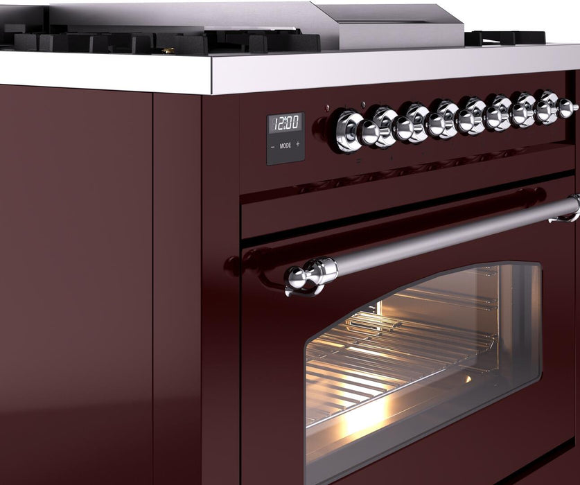 ILVE Nostalgie II 36" Dual Fuel Liquid Propane Range, Burgundy, Chrome Trim UP36FNMPBUCLP