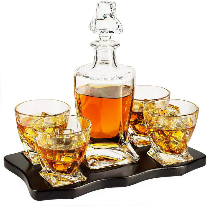 The Wine Savant Italian Crafted Crystal 5 Piece European Style Wine & Whiskey Decanter 855ml with 4 Glasses & Wood Sophisticated Tray Set Spirits, Scotch, & Bourbon Whiskey Decanter Sets for Men