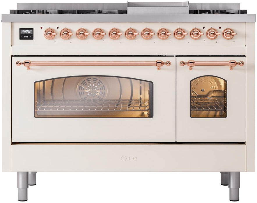 ILVE Nostalgie II 48" Dual Fuel Liquid Propane Range, Antique White, Copper Trim UP48FNMPAWPLP