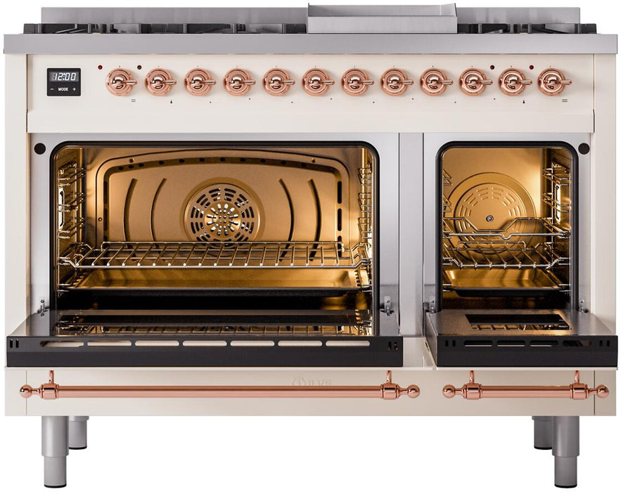 ILVE Nostalgie II 48" Dual Fuel Natural Gas Range, Antique White, Copper Trim UP48FNMPAWP