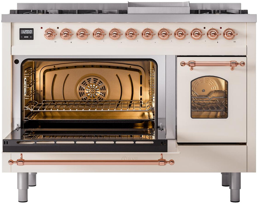 ILVE Nostalgie II 48" Dual Fuel Natural Gas Range, Antique White, Copper Trim UP48FNMPAWP