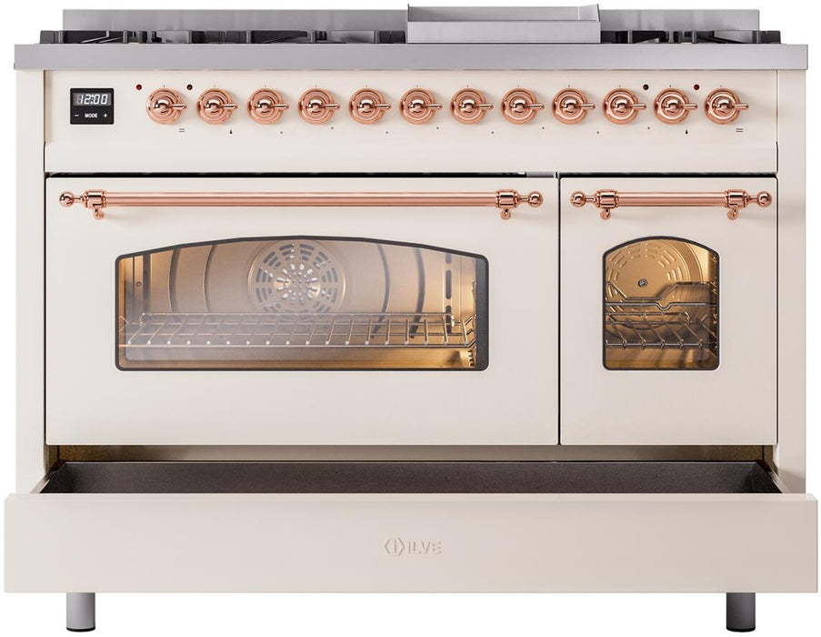 ILVE Nostalgie II 48" Dual Fuel Natural Gas Range, Antique White, Copper Trim UP48FNMPAWP