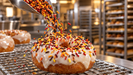 Fall jimmies pouring onto a glazed apple cider donut (AI-generated lifestyle photo)