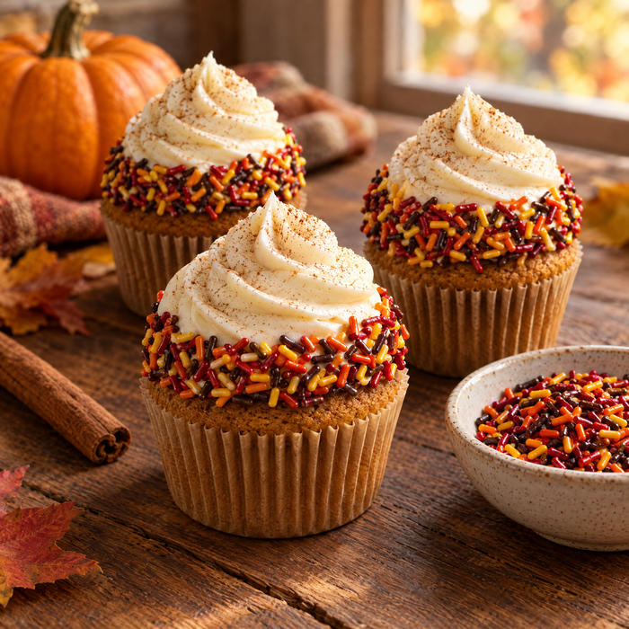 Pumpkin spice cupcakes with edges rolled in fall jimmies (AI-generated lifestyle photo)