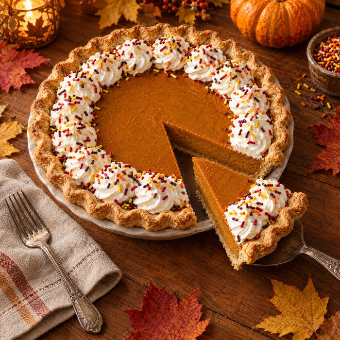 Pumpkin pie with a whipped cream border dotted with fall jimmies (AI-generated lifestyle photo)