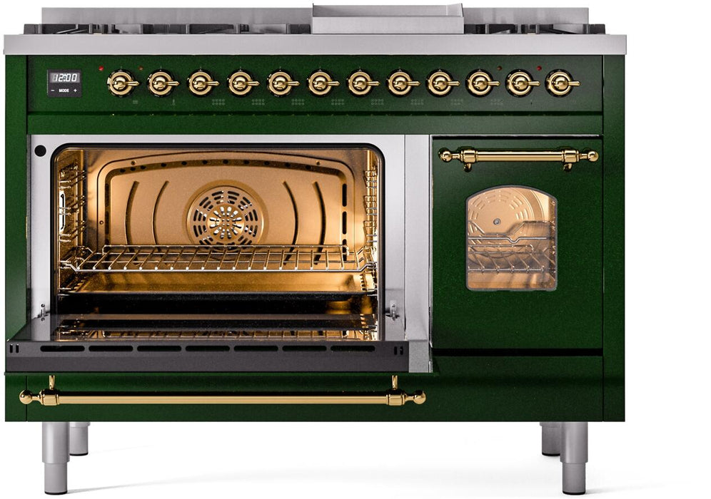 ILVE Nostalgie II 48" Dual Fuel Liquid Propane Range, Emerald Green, Brass Trim ILVE UP48FNMPEGGLP