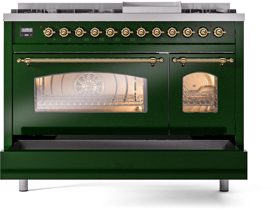 ILVE Nostalgie II 48" Dual Fuel Liquid Propane Range, Emerald Green, Brass Trim ILVE UP48FNMPEGGLP