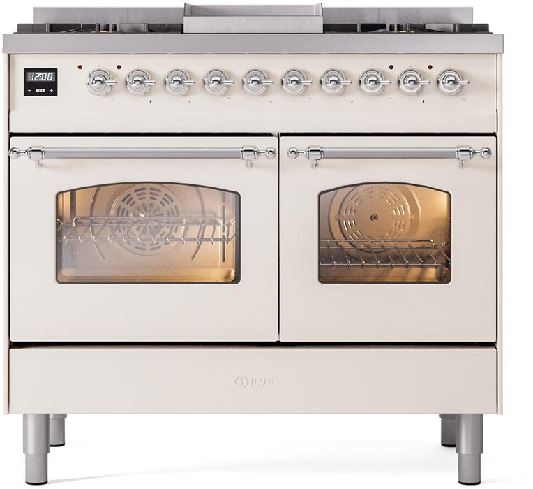 ILVE Nostalgie II 40" Dual Fuel Liquid Propane Range, Antique White, Chrome Trim UPD40FNMPAWCLP