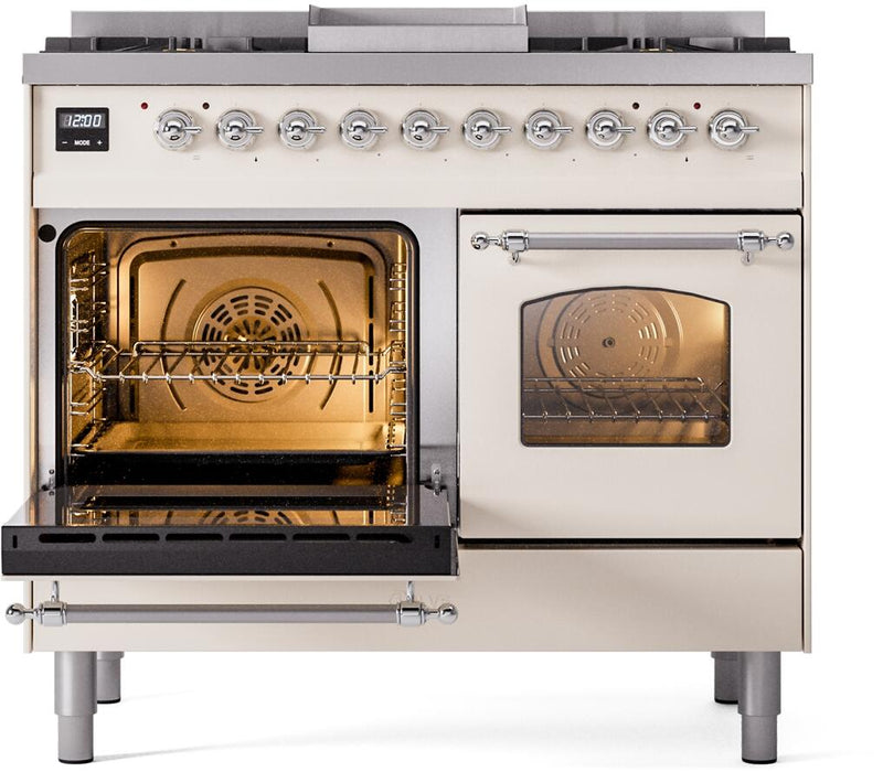 ILVE Nostalgie II 40" Dual Fuel Liquid Propane Range, Antique White, Chrome Trim UPD40FNMPAWCLP