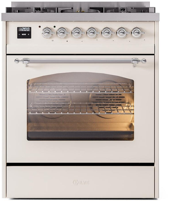 ILVE Nostalgie II 30" Dual Fuel Liquid Propane Range, Antique White, Chrome Trim UP30NMPAWCLP