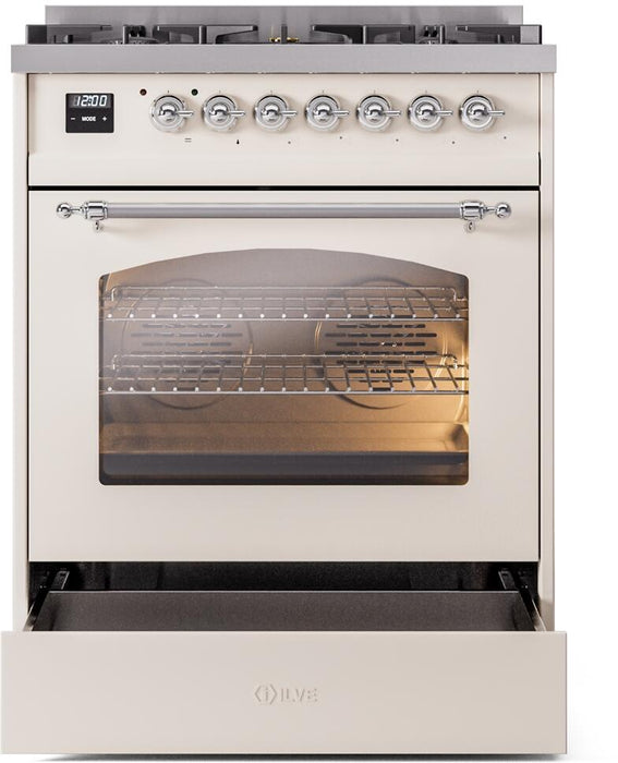 ILVE Nostalgie II 30" Dual Fuel Liquid Propane Range, Antique White, Chrome Trim UP30NMPAWCLP