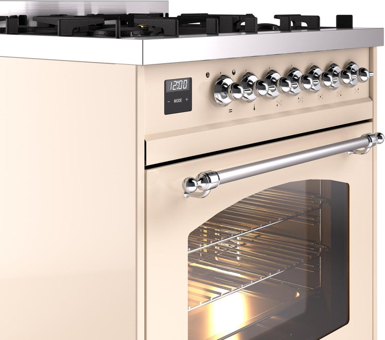 ILVE Nostalgie II 30" Dual Fuel Natural Gas Range, Antique White, Chrome Trim UP30NMPAWC