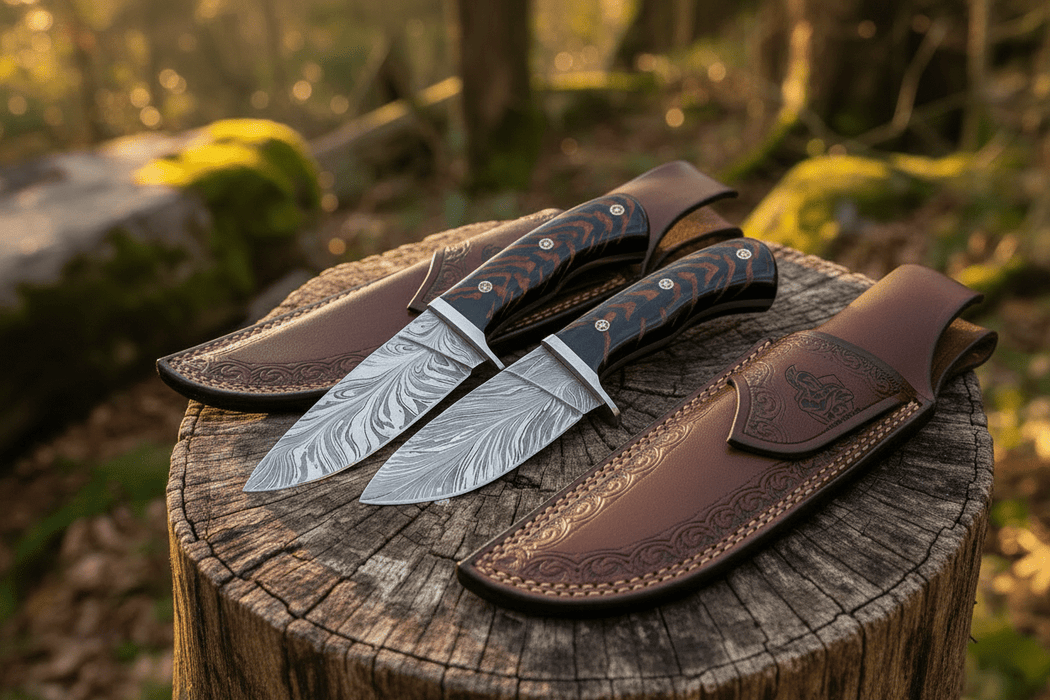 Feather Damascus Hunting Knife Set Fixed Blade