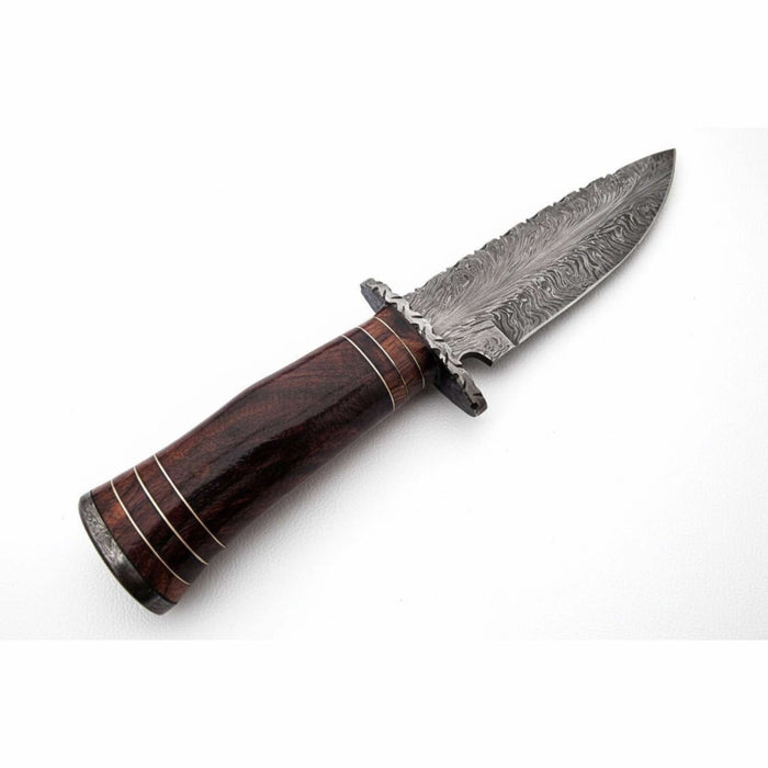 Feather Pattern Damascus Steel Frontier Bowie Knife, Hand Forged Clip Point Blade, Stacked Wood Handle, Full Tang Fixed Blade with Leather Sheath, 13 Inch Overall – JW SteelCrafts
