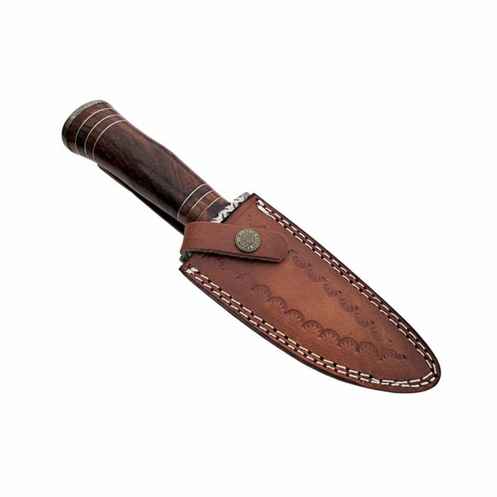 Feather Pattern Damascus Steel Frontier Bowie Knife, Hand Forged Clip Point Blade, Stacked Wood Handle, Full Tang Fixed Blade with Leather Sheath, 13 Inch Overall – JW SteelCrafts