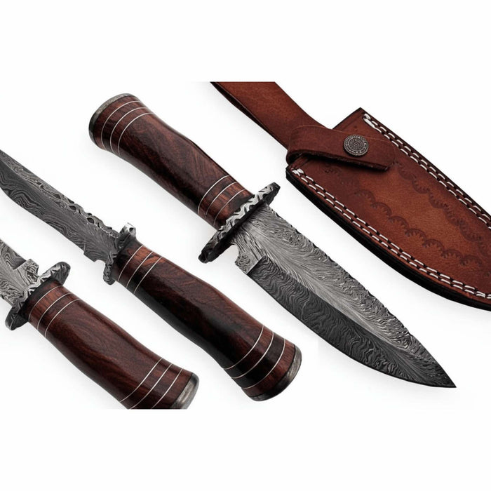 Feather Pattern Damascus Steel Frontier Bowie Knife, Hand Forged Clip Point Blade, Stacked Wood Handle, Full Tang Fixed Blade with Leather Sheath, 13 Inch Overall – JW SteelCrafts