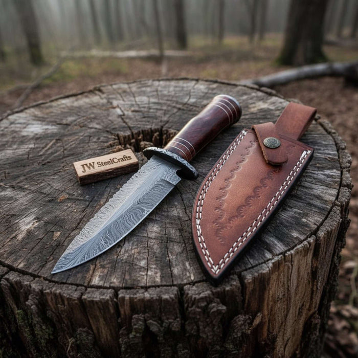 Feather Pattern Damascus Steel Frontier Bowie Knife, Hand Forged Clip Point Blade, Stacked Wood Handle, Full Tang Fixed Blade with Leather Sheath, 13 Inch Overall – JW SteelCrafts