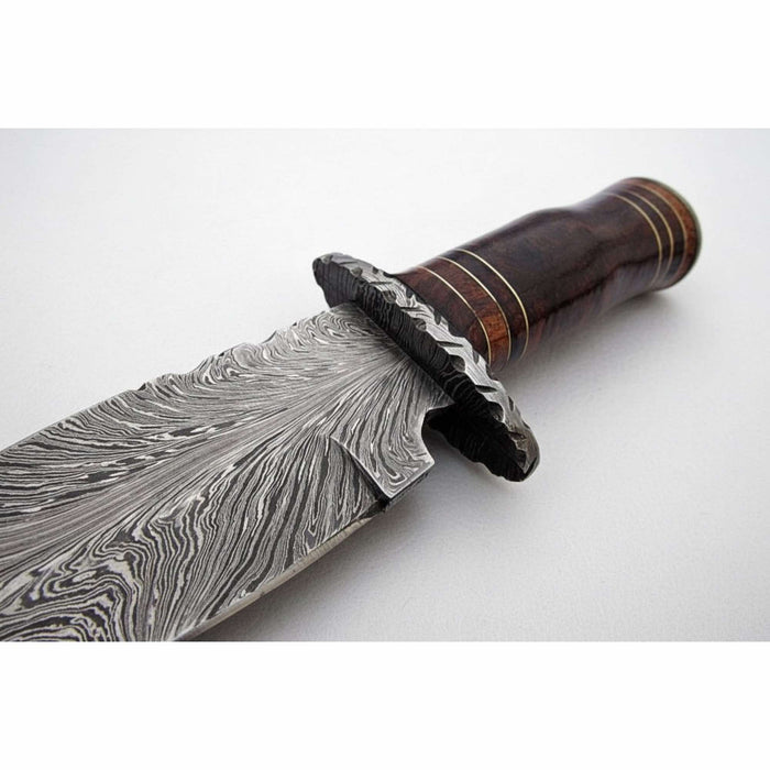 Feather Pattern Damascus Steel Frontier Bowie Knife, Hand Forged Clip Point Blade, Stacked Wood Handle, Full Tang Fixed Blade with Leather Sheath, 13 Inch Overall – JW SteelCrafts
