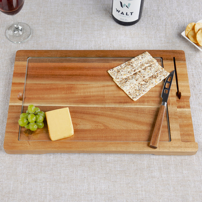 Ventana - Tempered Glass and Acacia Cheese Board and Knife Set