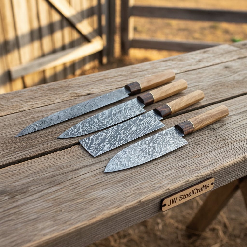 4-Piece Damascus Kiritsuke Bunka Knife Set — Fire Pattern Blades ...