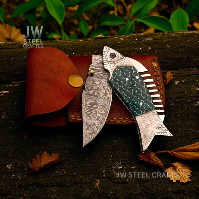 Fish-Style Damascus Folding Knife | 5 Color Variants | Hand-Engraved Collectible
