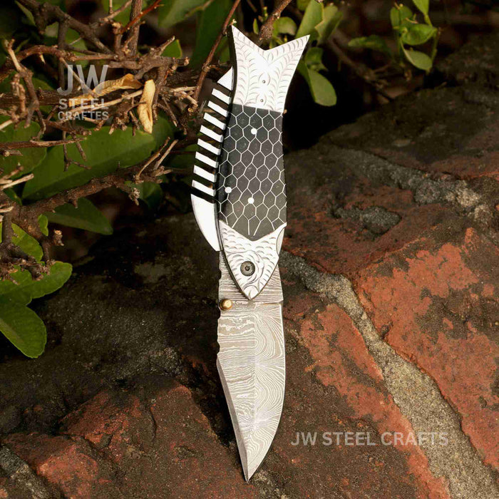 Fish-Style Damascus Folding Knife | 5 Color Variants | Hand-Engraved Collectible