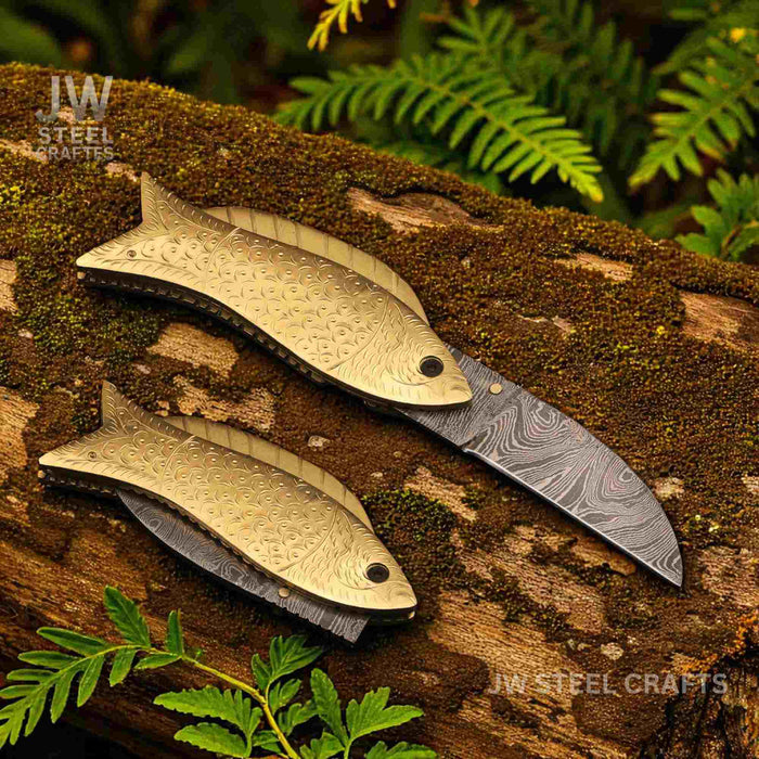 Fish-Style Damascus Folding Knife | 5 Color Variants | Hand-Engraved Collectible