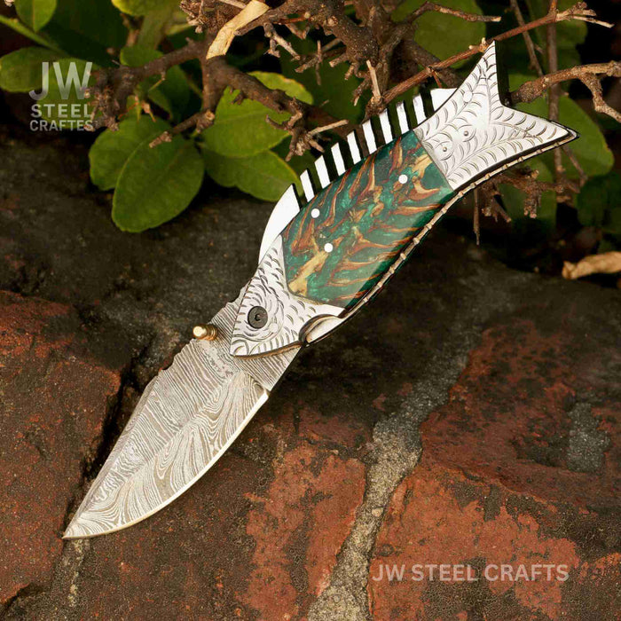 Fish-Style Damascus Folding Knife | 5 Color Variants | Hand-Engraved Collectible