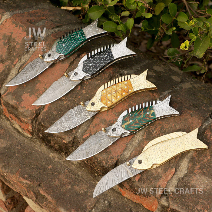Fish-Style Damascus Folding Knife | 5 Color Variants | Hand-Engraved Collectible