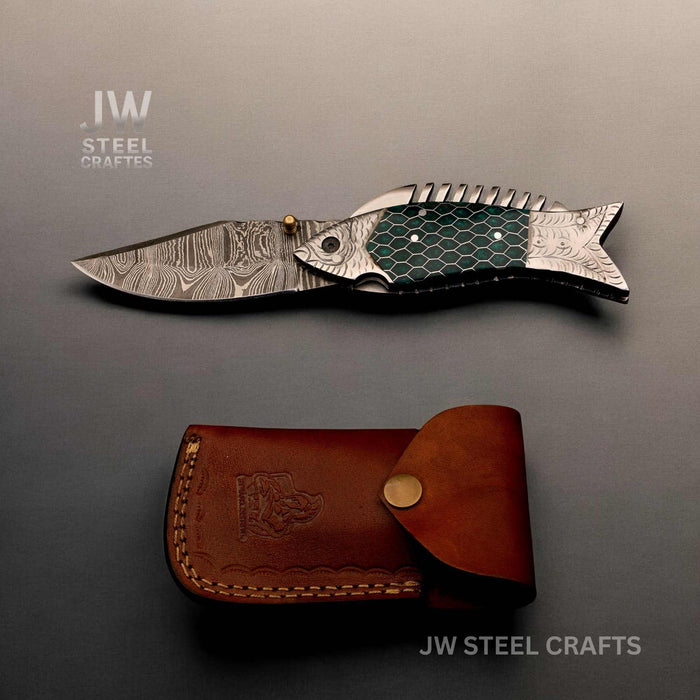 Fish-Style Damascus Folding Knife | 5 Color Variants | Hand-Engraved Collectible