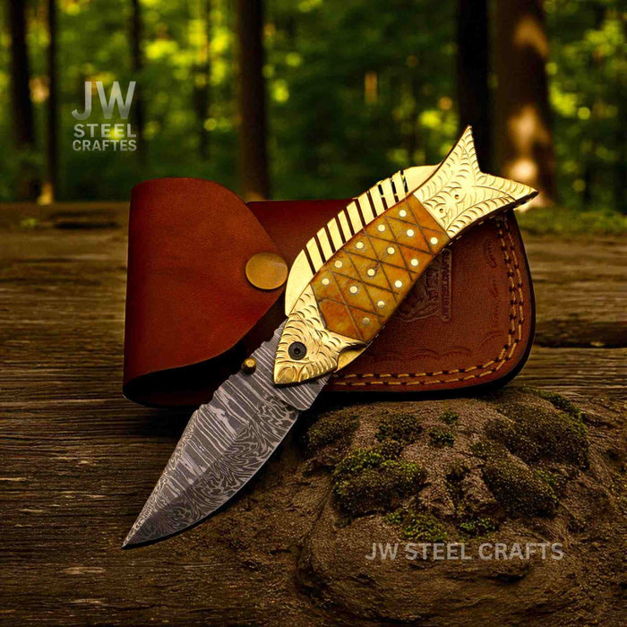 Fish-Style Damascus Folding Knife | 5 Color Variants | Hand-Engraved Collectible