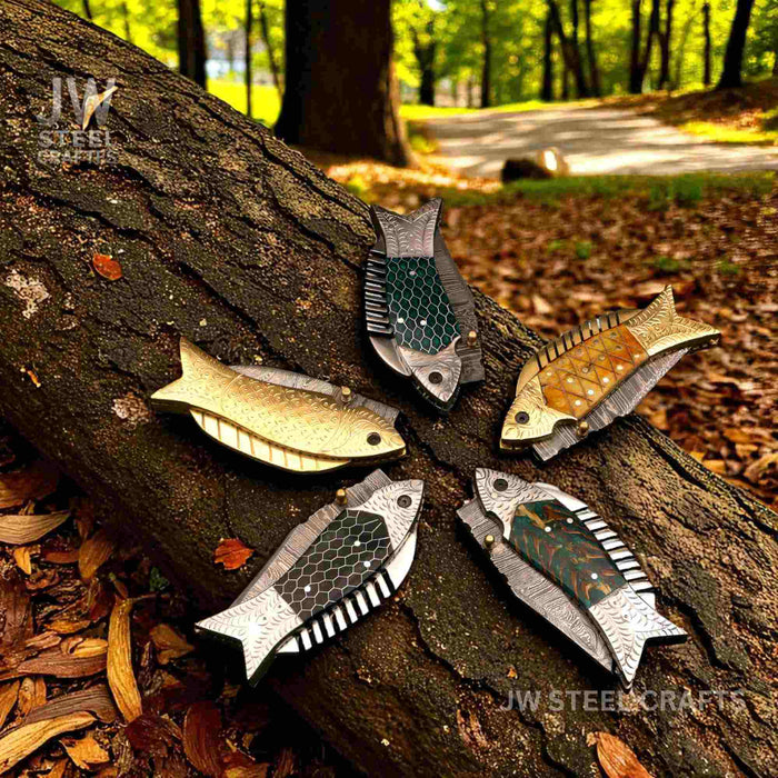 Fish-Style Damascus Folding Knife | 5 Color Variants | Hand-Engraved Collectible