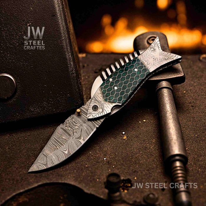 Fish-Style Damascus Folding Knife | 5 Color Variants | Hand-Engraved Collectible