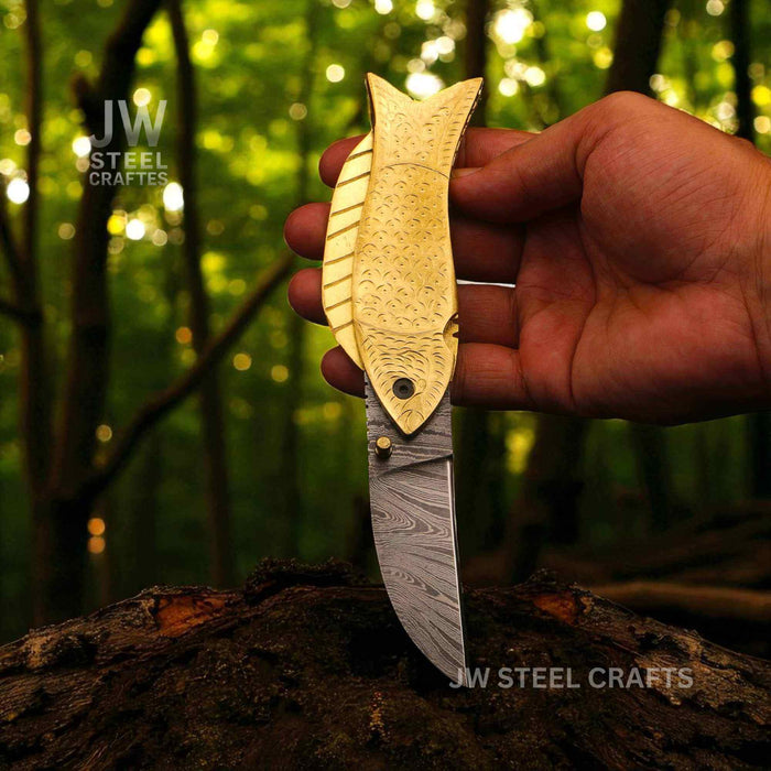 Fish-Style Damascus Folding Knife | 5 Color Variants | Hand-Engraved Collectible