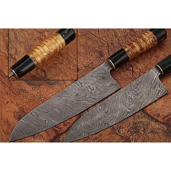 Forged Damascus Santoku Knife – 7" Blade, Olive Wood & Black Micarta Handle, Full Tang Kitchen Knife