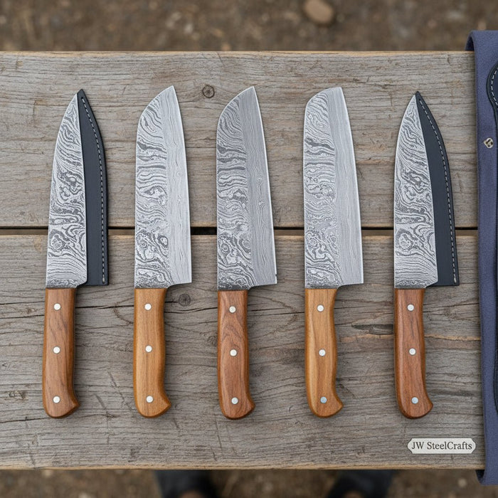 Hand-Forged Damascus Steel Knife Set with Rustic Design for Precision Cutting