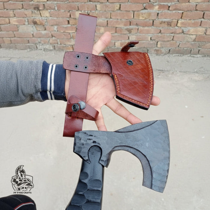 Forged Tool Axe Duo – Textured Steel Heads with Sculpted Hardwood Handles and Leather Sheaths