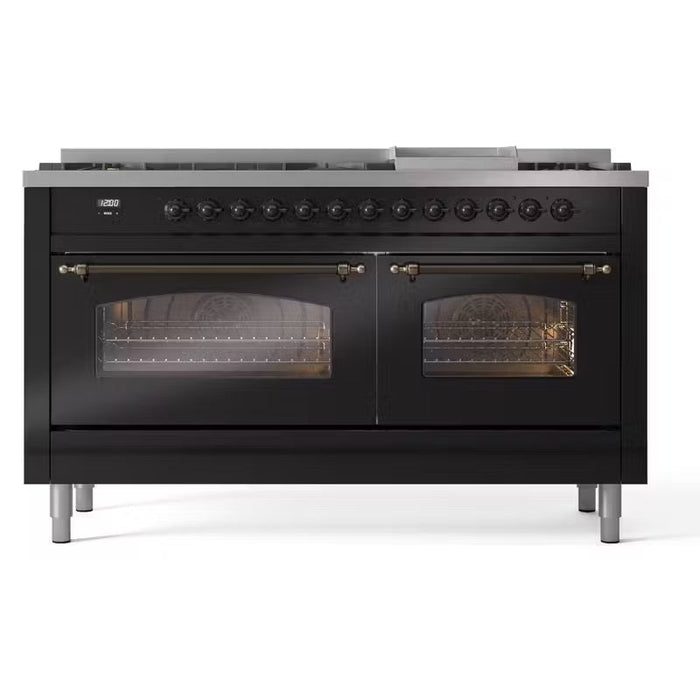 ILVE Nostalgie II 60" Dual Fuel Natural Gas Range, Glossy Black, Bronze Trim UP60FNMPBKB