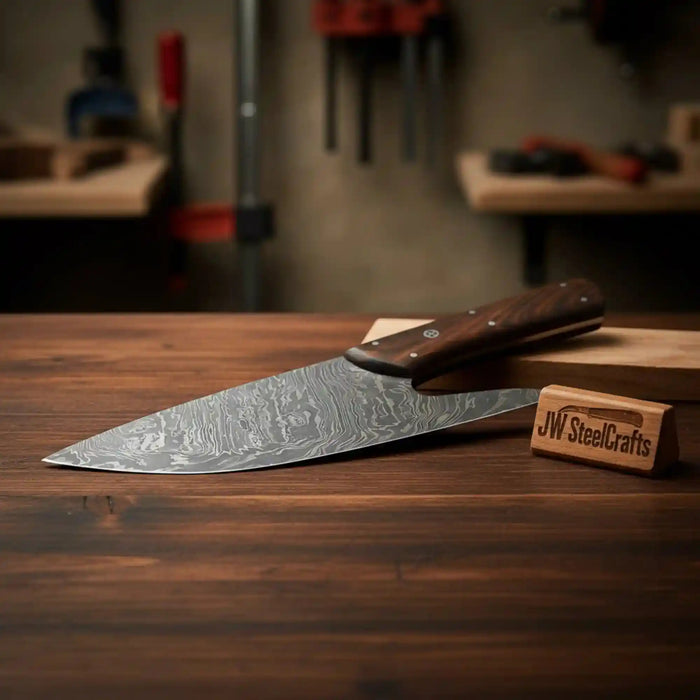 French-Style Damascus Chef Carving Knife – Fire Pattern Blade, 10" Overall, Rosewood Handle with Mosaic & Brass Pins