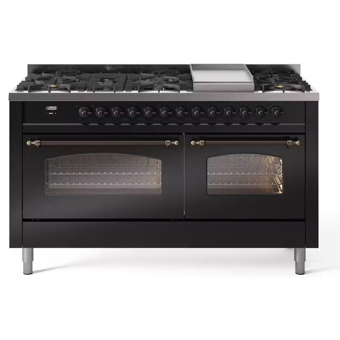 ILVE Nostalgie II 60" Dual Fuel Natural Gas Range, Glossy Black, Bronze Trim UP60FNMPBKB