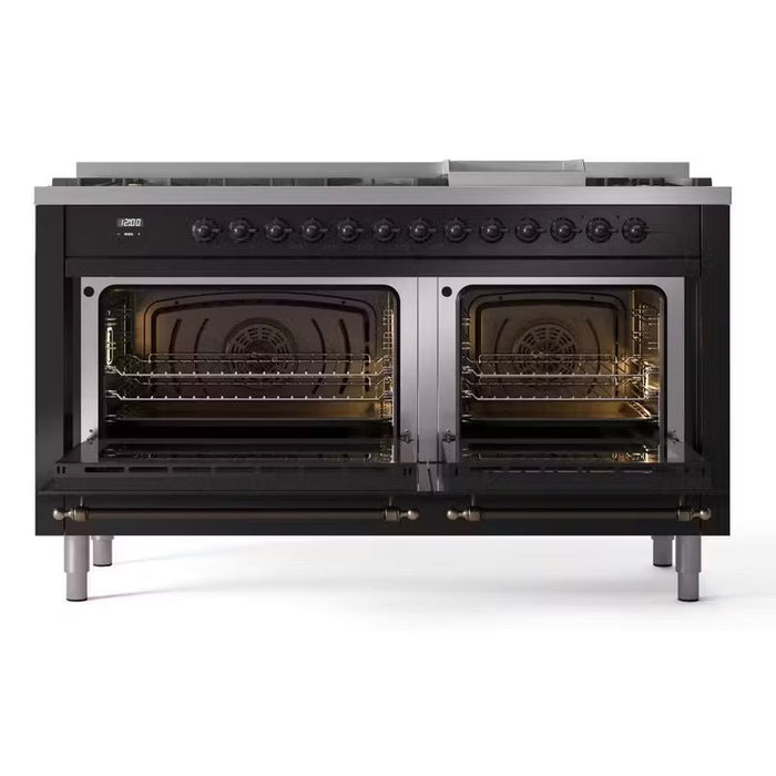 ILVE Nostalgie II 60" Dual Fuel Natural Gas Range, Glossy Black, Bronze Trim UP60FNMPBKB